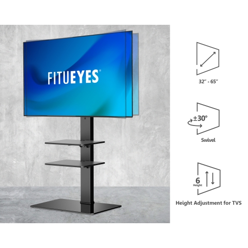 FITUEYES Swivel Floor TV Stand with Mount Height Adjustable for Most TVs up to 65 Inch, Sturdy Tempered Glass Base and Component Shelves for Media