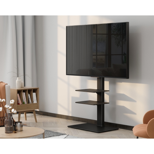 FITUEYES Swivel Floor TV Stand with Mount Height Adjustable for Most TVs up to 65 Inch, Sturdy Tempered Glass Base and Component Shelves for Media