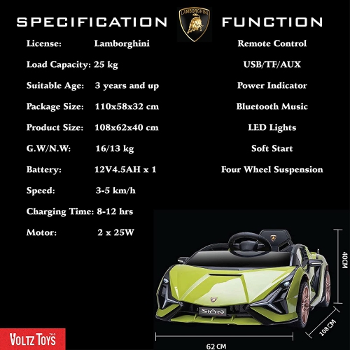 Voltz Toys 12V Ride On Car for Kids, Official Licensed Lamborghini SIAN, Battery Powered Electric Car with Remote Control, LED Lights and MP3 Player