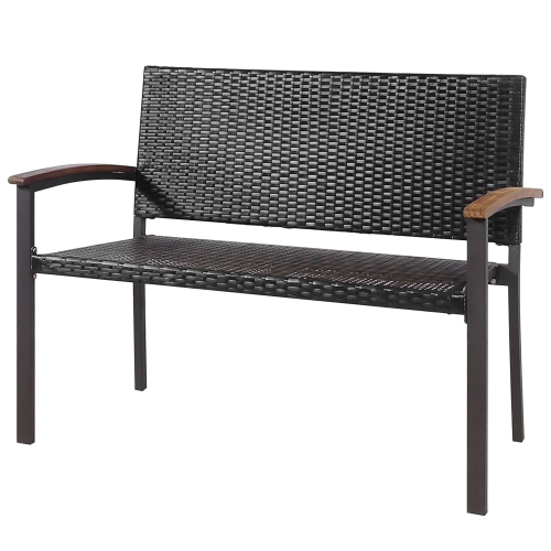 Costway Outdoor Patio Rattan Wicker Bench Loveseat Chair Armrest Garden Deck