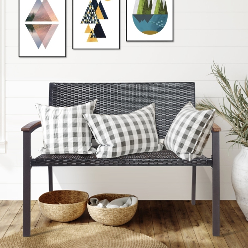 Costway Outdoor Patio Rattan Wicker Bench Loveseat Chair Armrest Garden Deck