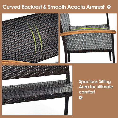 Costway Outdoor Patio Rattan Wicker Bench Loveseat Chair Armrest Garden Deck