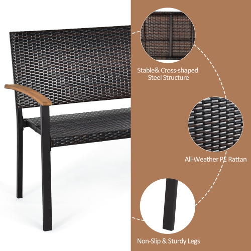 Costway Outdoor Patio Rattan Wicker Bench Loveseat Chair Armrest Garden Deck