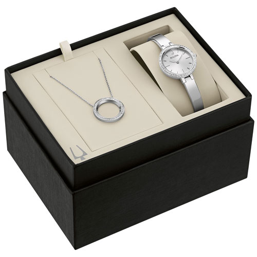 Bulova Classic 27mm Women's Casual Watch with Crytal Halo Pendant Box Set - Silver