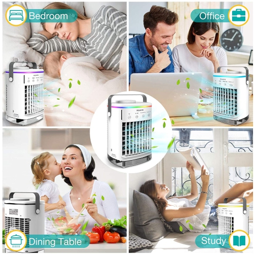Ventilateur de climatiseur portatif, mini climatiseur personnel avec ventilateur à 4 vitesses, lampe DEL à 7 couleurs, refroidisseur d’air par