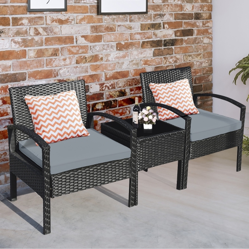 Costway 3PC Patio Rattan Furniture Set Coffee Table Conversation Sofa Cushioned