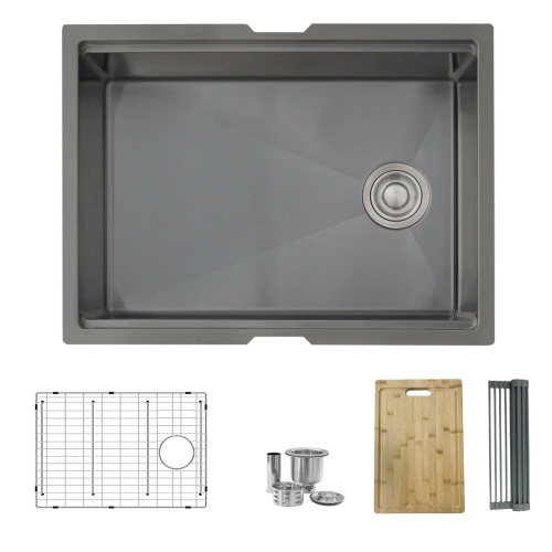 Stylish Undermount Workstation 25" Graphite Black Single Bowl Stainless Steel Kitchen Sink with built-in Accessories, S-612WN