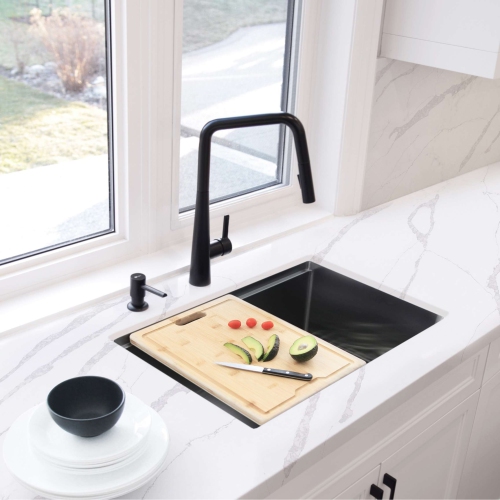 Stylish Undermount Workstation 25" Graphite Black Single Bowl Stainless Steel Kitchen Sink with built-in Accessories, S-612WN