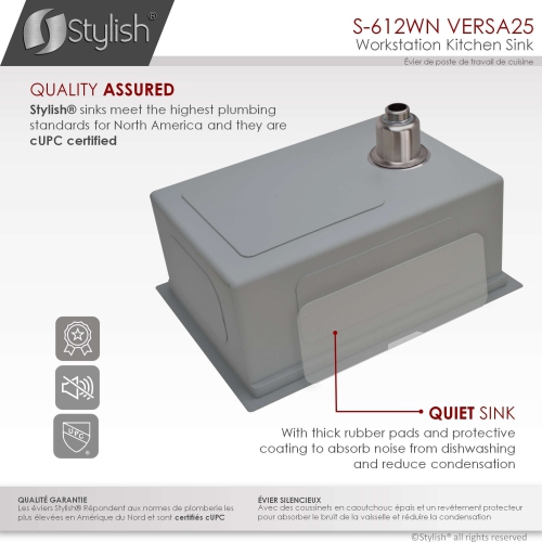 Stylish Undermount Workstation 25" Graphite Black Single Bowl Stainless Steel Kitchen Sink with built-in Accessories, S-612WN