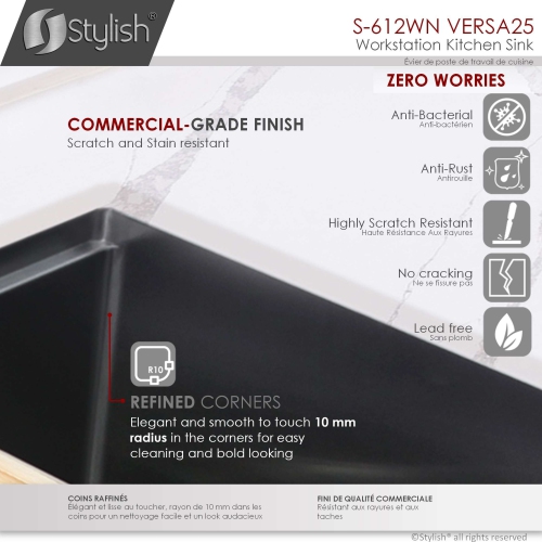 Stylish Undermount Workstation 25" Graphite Black Single Bowl Stainless Steel Kitchen Sink with built-in Accessories, S-612WN