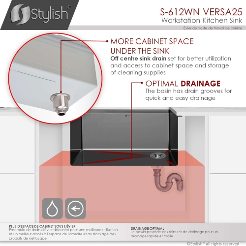 Stylish Undermount Workstation 25" Graphite Black Single Bowl Stainless Steel Kitchen Sink with built-in Accessories, S-612WN