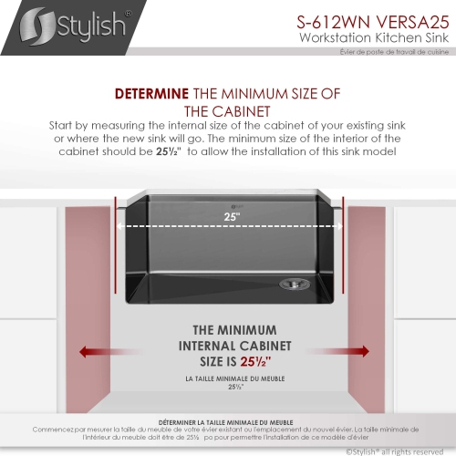 Stylish Undermount Workstation 25" Graphite Black Single Bowl Stainless Steel Kitchen Sink with built-in Accessories, S-612WN