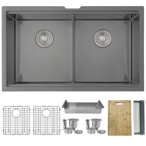 Stylish Undermount Workstation 32" Graphite Black Double Bowl 16 Gauge Stainless Steel Kitchen Sink with built-in Accessories, S-601WN