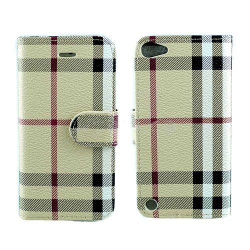 【CSmart】 Magnetic Card Slot Leather Folio Wallet Flip Case Cover for iPod Touch 5 / 6 / 7, Beige Plaid