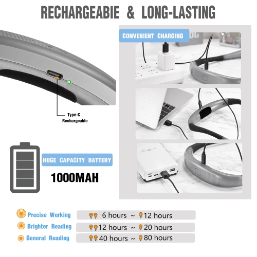 Glocusent LED Neck Reading Light - Book Light for Reading in Bed - 3 Colors, 6 Brightness Levels - Bendable Arms - Rechargeable