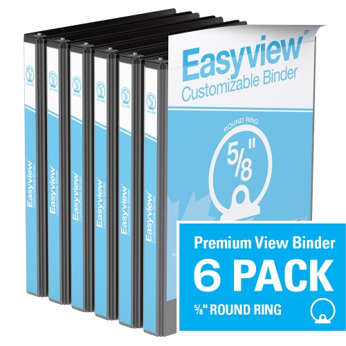 Davis Group Easyview® Premium Round Ring Customizable View Binder, 6 Pack, 5/8"- Black