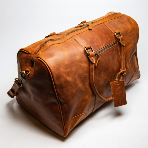 HIDES Tourist Unisex Weekender Leather Travel Gym Duffle Bag 23", Saddle Brown