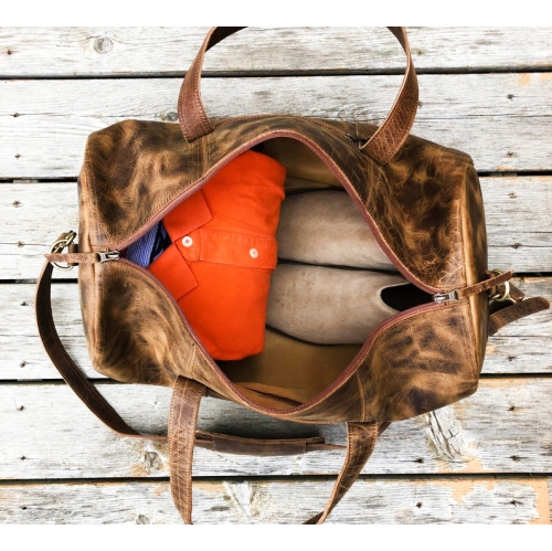 HIDES Travel Leather Gym Duffle Bag 20", Saddle Brown