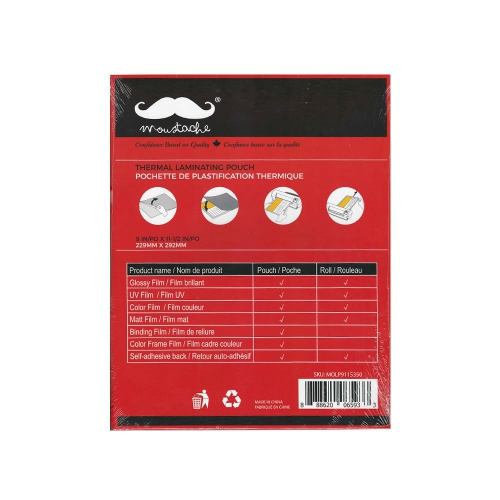 Pochette de plastification thermique, 50/paquet - Moustache® - format lettre, 3 MIL