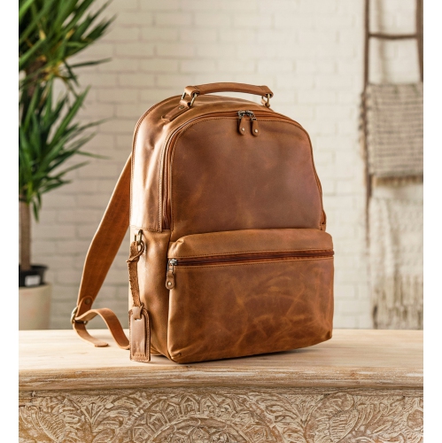 HIDES Rucksack Leather School Travel Laptop Backpack 17", Saddle Brown