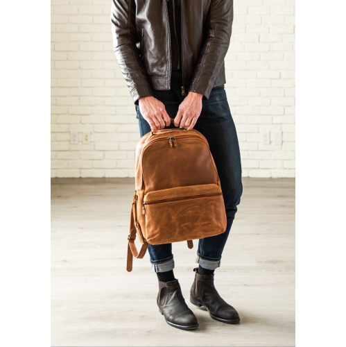 HIDES Rucksack Leather School Travel Laptop Backpack 17", Saddle Brown