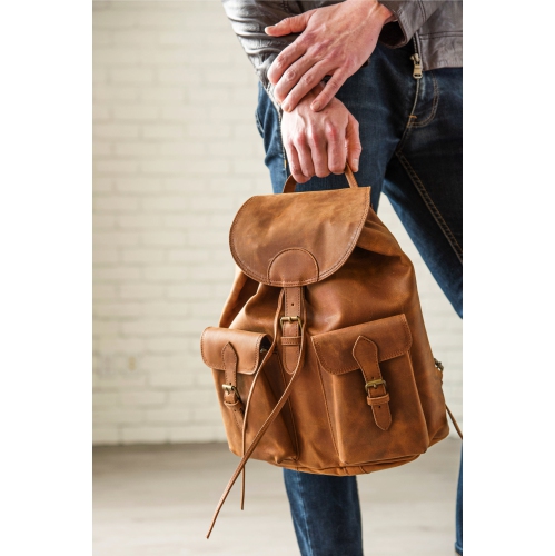 HIDES City Leather Rucksack Travel Backpack, Saddle Brown