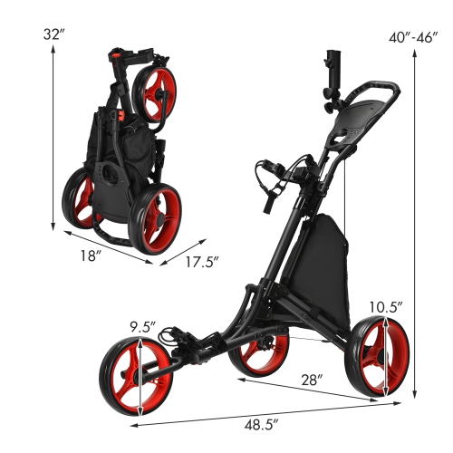 Gymax 3-Wheel Foldable Golf Push Pull Cart Trolley w/ Adjustable Handle