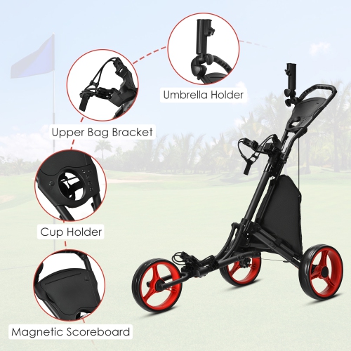 Gymax 3-Wheel Foldable Golf Push Pull Cart Trolley w/ Adjustable Handle