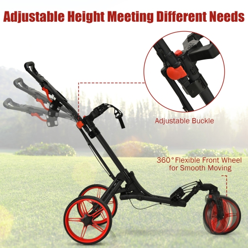 Gymax 3 Wheels Foldable Golf Push Pull Cart Trolley w/ Adjustable Handle Brake