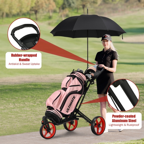 Gymax 3 Wheels Foldable Golf Push Pull Cart Trolley w/ Adjustable Handle Brake