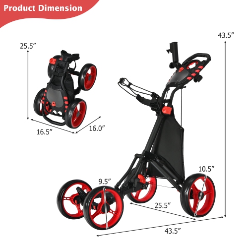 Gymax 4 Wheels Foldable Golf Push Pull Cart Trolley w/ Brake Waterproof Bag