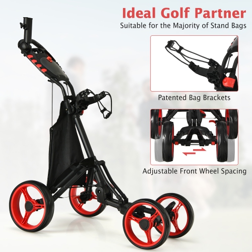 Gymax 4 Wheels Foldable Golf Push Pull Cart Trolley w/ Brake Waterproof Bag