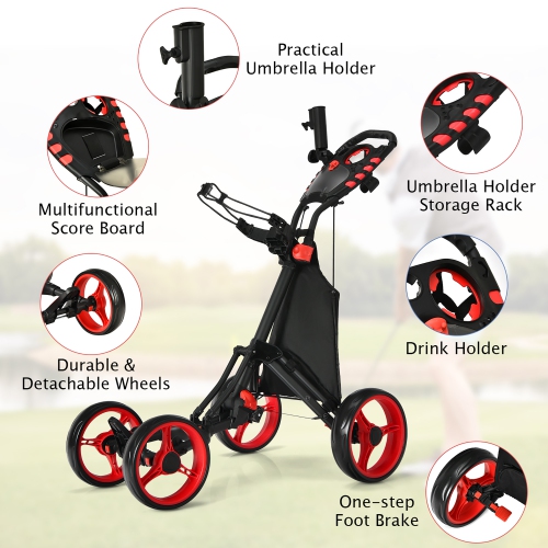 Gymax 4 Wheels Foldable Golf Push Pull Cart Trolley w/ Brake Waterproof Bag