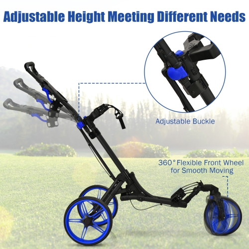Gymax 3 Wheels Foldable Golf Push Pull Cart Trolley w/ Adjustable Handle Brake