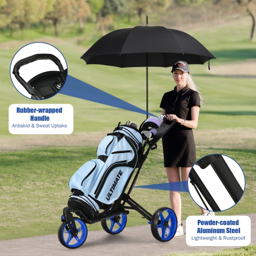 Gymax 3 Wheels Foldable Golf Push Pull Cart Trolley w/ Adjustable Handle Brake