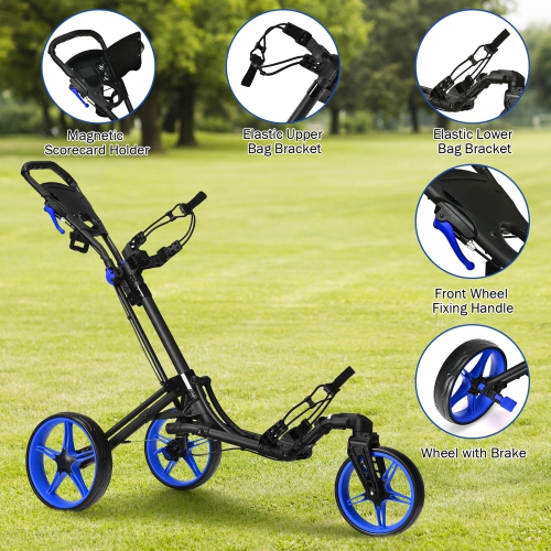 Gymax 3 Wheels Foldable Golf Push Pull Cart Trolley w/ Adjustable Handle Brake