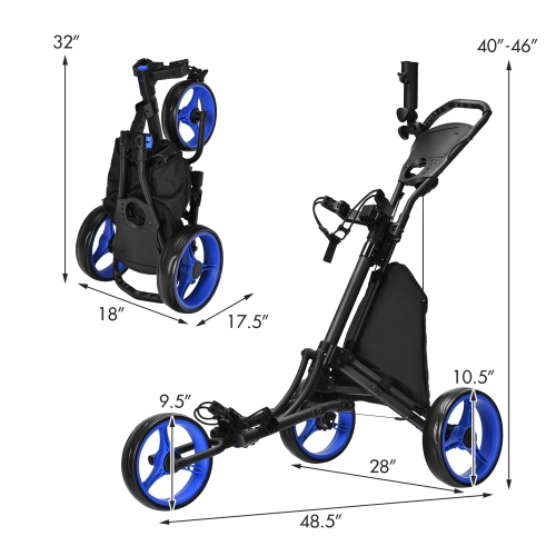 Gymax 3-Wheel Foldable Golf Push Pull Cart Trolley w/ Adjustable Handle
