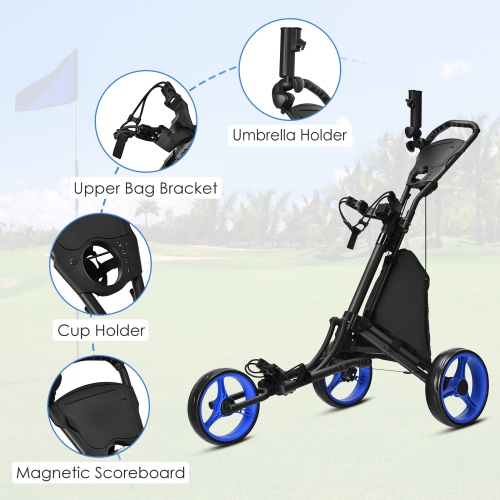 Gymax 3-Wheel Foldable Golf Push Pull Cart Trolley w/ Adjustable Handle