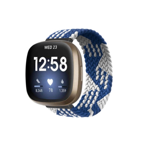 StrapsCo Bracelet de montre en nylon élastique à motifs pour Fitbit Versa 3 - Moyen pour poignets de 6.2" à 6.5" - Buffalo bleu & blanc