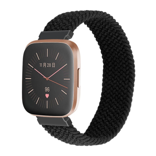 StrapsCo Bracelet de montre en nylon élastique pour Fitbit Versa et Versa 2 - Long pour poignets de 6.6" à 6.9" - Noir