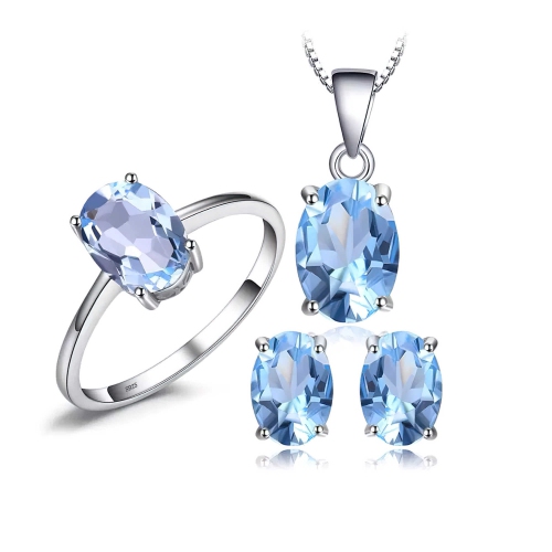 5 3/5 CTW Oval Blue Topaz Earrings, Ring and Pendant Set in 0.925 White Sterling Silver Size - 7