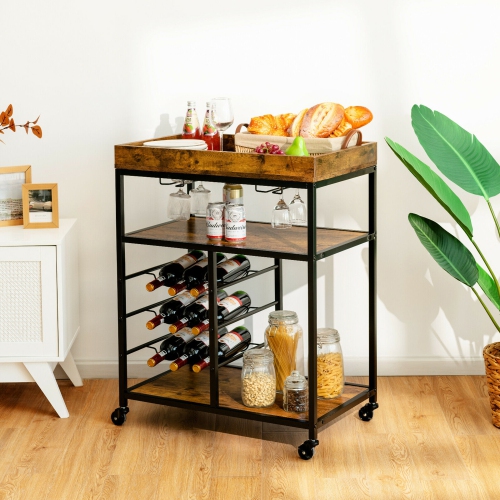 Gymax 3-Tier Rolling Kitchen Serving Cart Utility Trolley w/ Wine Bottle Rack