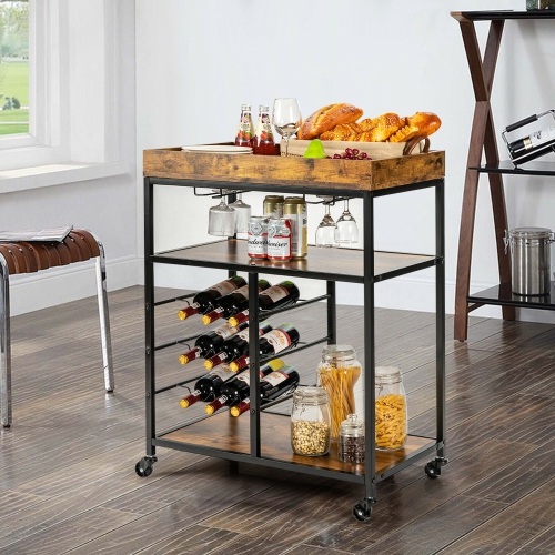 Gymax 3-Tier Rolling Kitchen Serving Cart Utility Trolley w/ Wine Bottle Rack