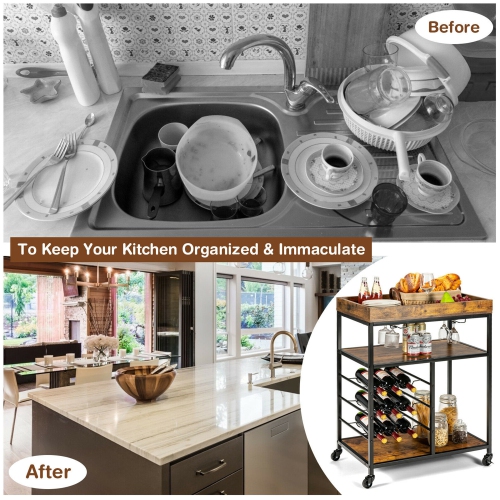 Gymax 3-Tier Rolling Kitchen Serving Cart Utility Trolley w/ Wine Bottle Rack