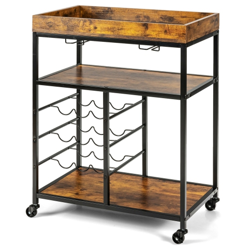 Gymax 3-Tier Rolling Kitchen Serving Cart Utility Trolley w/ Wine Bottle Rack