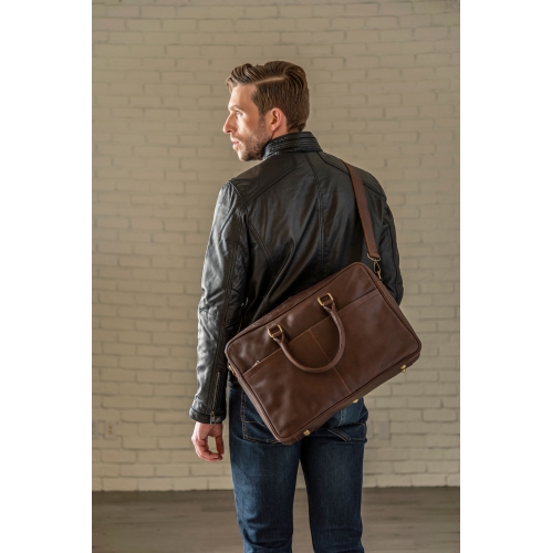 HIDES Messenger Slim Leather Laptop Travel School Briefcase 17", Antique Brown