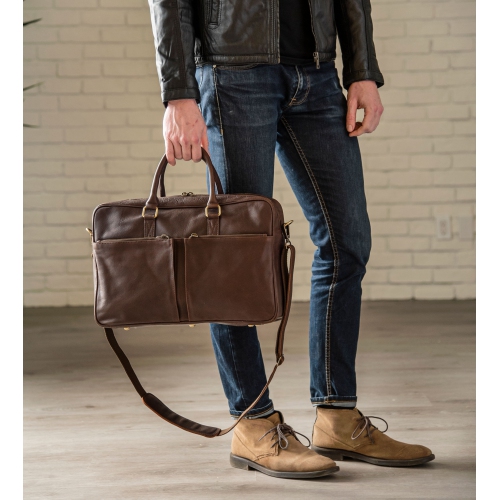 HIDES Messenger Slim Leather Laptop Travel School Briefcase 17", Antique Brown