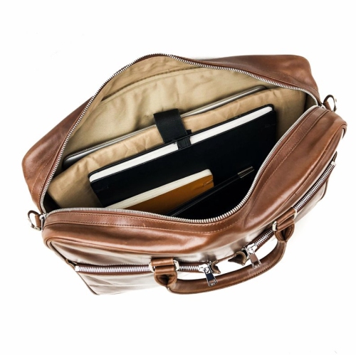 HIDES Messenger Slim Leather Laptop Travel School Briefcase 17", Serena Brown