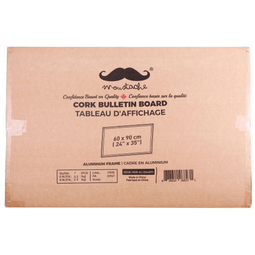 Moustache – babillard en liège 36 x 24 po, cadre en aluminium,