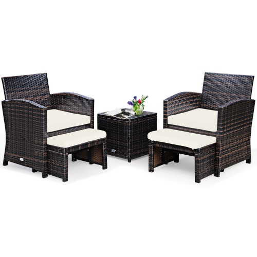 GYMAX  5PCs Rattan Patio Furniture Set Chair & Ottoman Set W/ Cushions In White